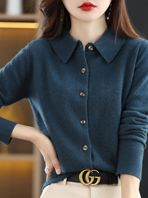 Cardigan lavorato a maglia con collo rovesciato in lana autunnale da donna