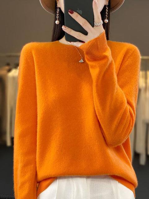 Women Autumn Solid Knit 100%Wool O-Neck Sweater