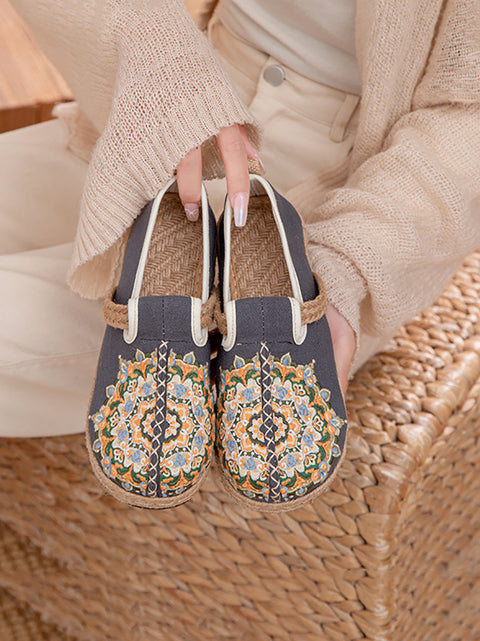 Women Ethnic Flower Embroidery Linen Flat Shoes