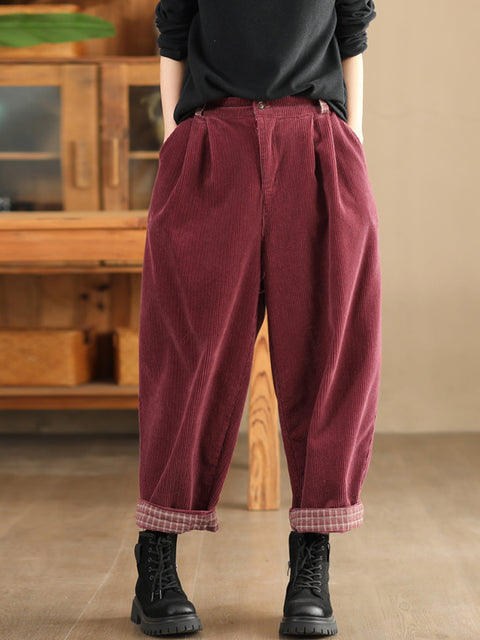 Pantaloni a gamba larga in lino a quadri casual estivi da donna