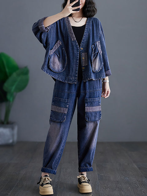 Cappotto in denim con tasca grande con impiombatura retrò primaverile da donna