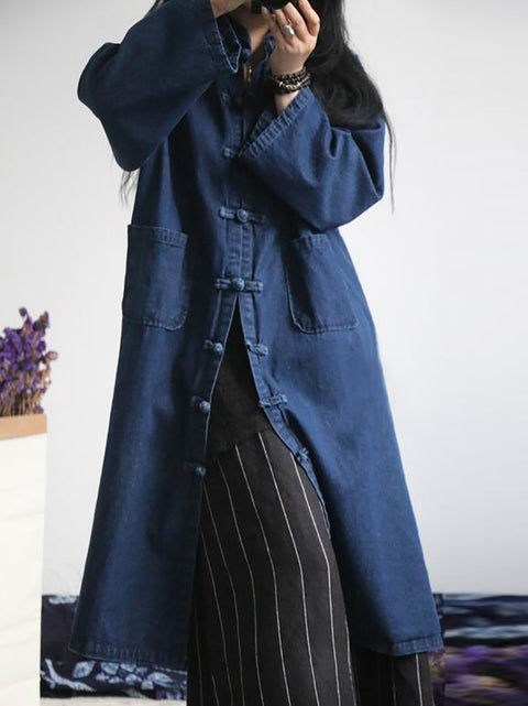 Cappotto in denim con tasca tinta unita casual autunnale da donna