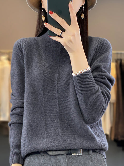 Women Autumn Half-Turtleneck Knit 100%Wool Sweater