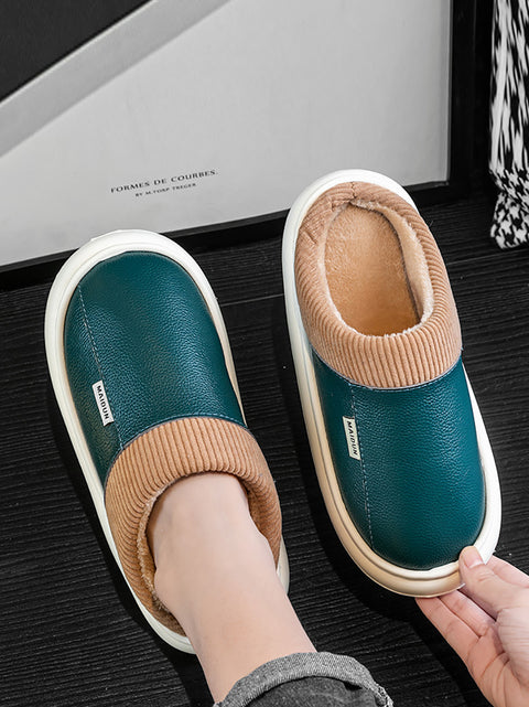 Couple Winter Fleece-lined Leather Slippers