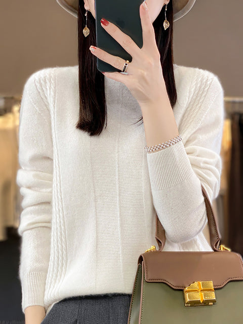 Women Autumn Half-Turtleneck Knit 100%Wool Sweater