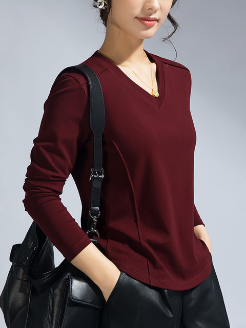 Women Spring Casual V-Neck Pure Color Blouse