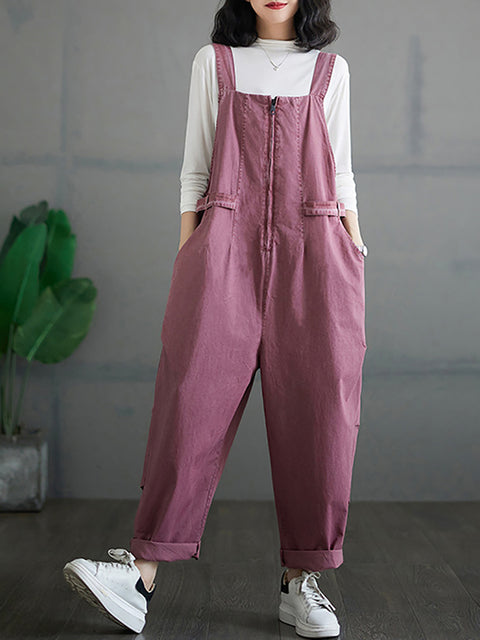 Women Autumn Vintage Zipper Casual Loose Solid Jumpsuits