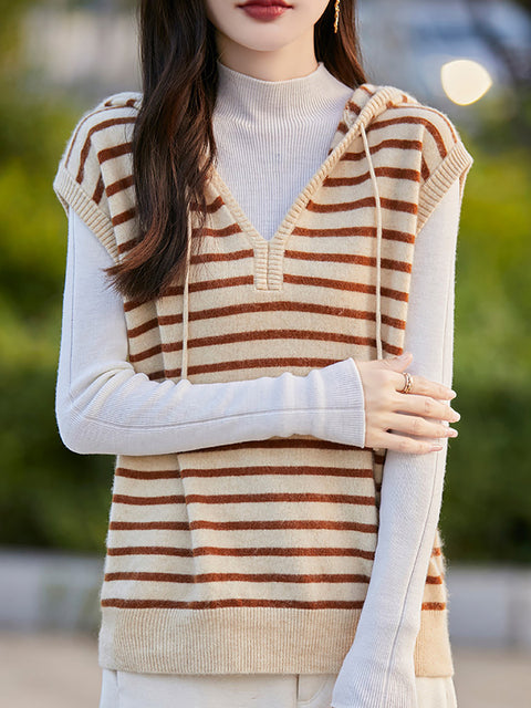 Women Autumn Stripe 100%Wool Knit Hooded Vest