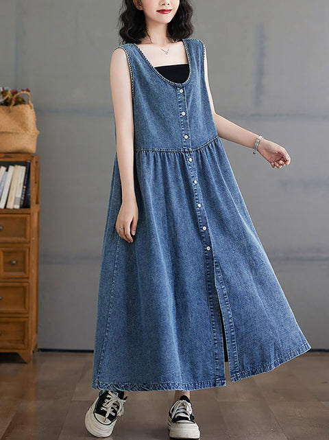 Women Casual Summer Solid Denim Loose Vest Dress