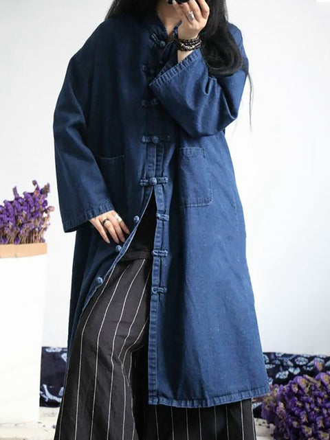 Cappotto in denim con tasca tinta unita casual autunnale da donna