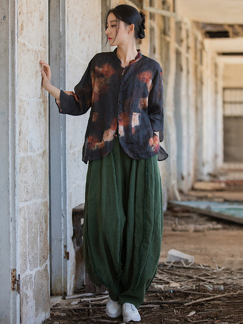 Camicia da donna con stampa floreale retrò estiva con bottoni