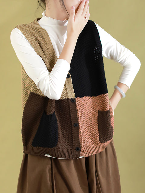 Gilet da donna con scollo a V lavorato a maglia color block autunnale