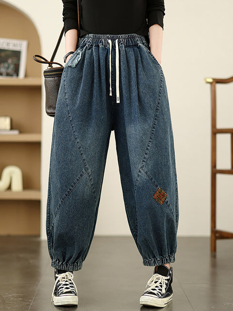 Pantaloni harem in denim con toppe retrò primaverili da donna