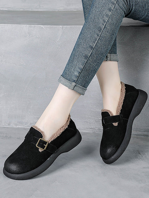 Women Vintage Winter Leather Fleece-lined Mid Heel Shoes