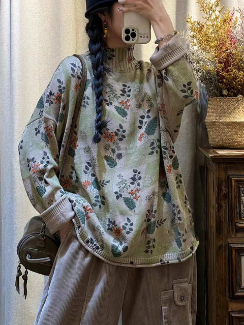 Maglione dolcevita lavorato a maglia a fiori vintage da donna