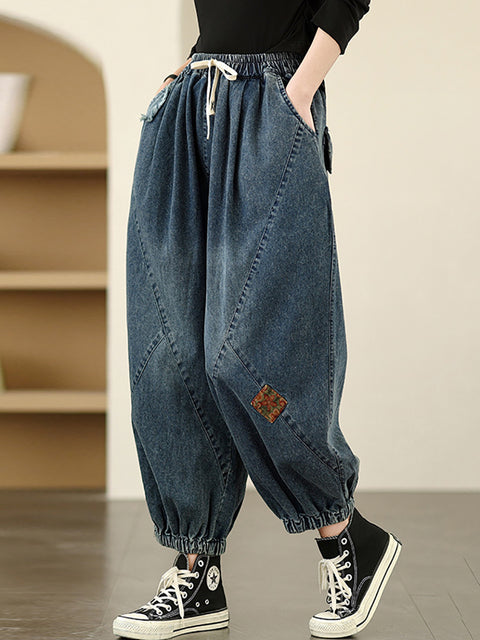 Pantaloni harem in denim con toppe retrò primaverili da donna