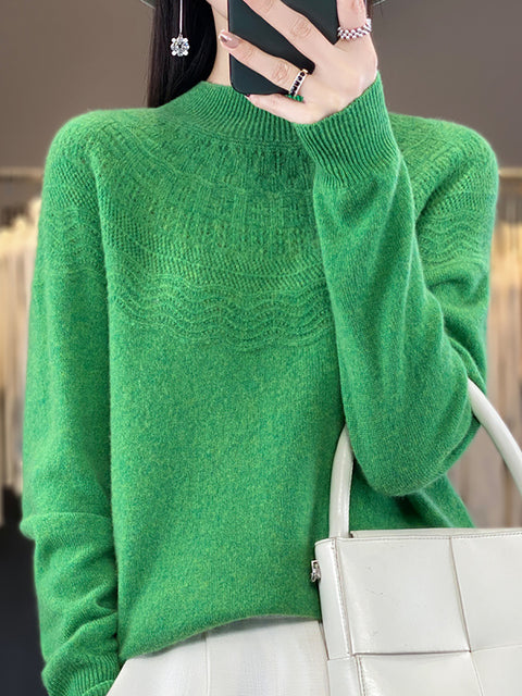 Women Autumn Cable Knit 100%Wool Half Turtleneck Sweater