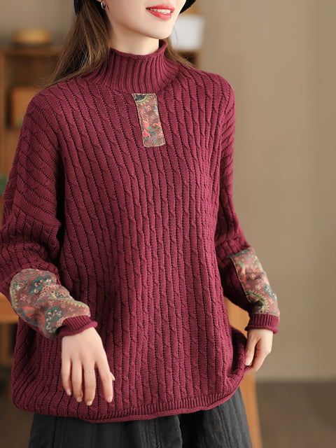 Women Retro Patch Spliced Knitted Turtleneck Sweater