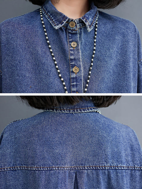 Camicia lunga in denim con cuciture solide primavera casual da donna