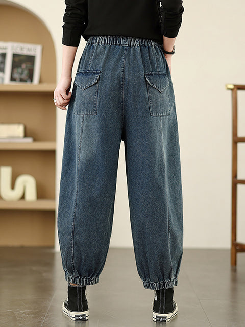 Pantaloni harem in denim con toppe retrò primaverili da donna