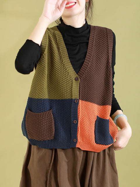 Women Autumn Colorblock Knitted V-Neck Vest