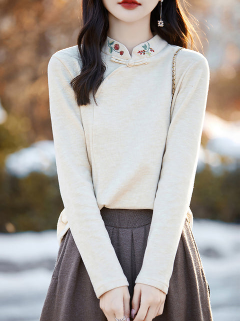 Camicetta in maglia con ricamo a collo alto primaverile da donna