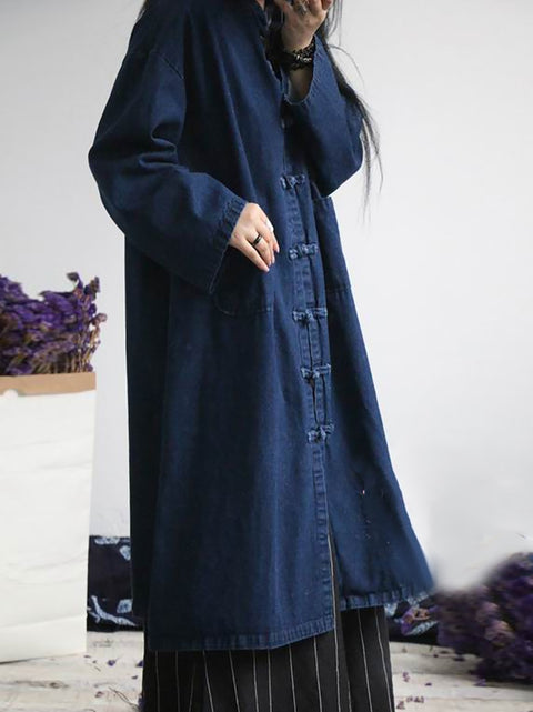 Cappotto in denim con tasca tinta unita casual autunnale da donna