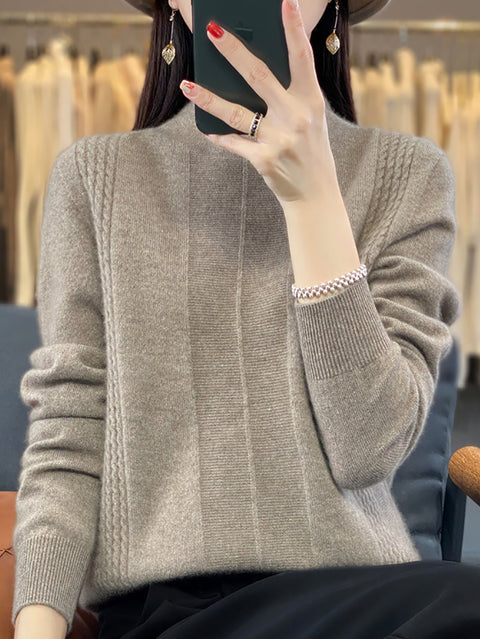 Women Autumn Half-Turtleneck Knit 100%Wool Sweater