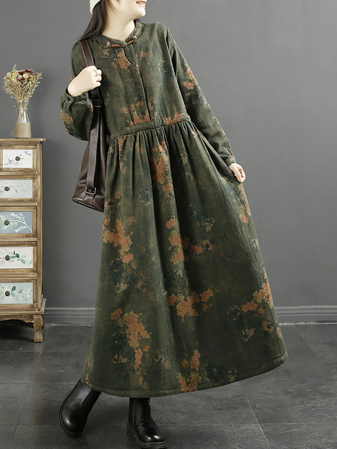 Plus Size Women Autumn Vintage Leaf Print Cotton Dress