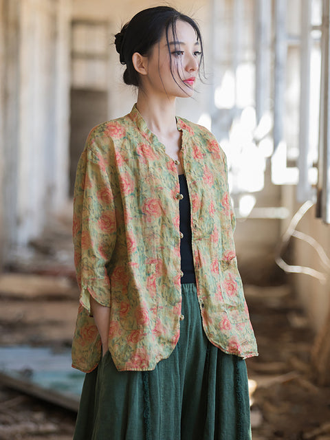 Camicia da donna con stampa floreale retrò estiva con bottoni