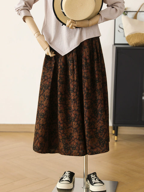 Women Spring Flower 100%Cotton A-Shape Skirt