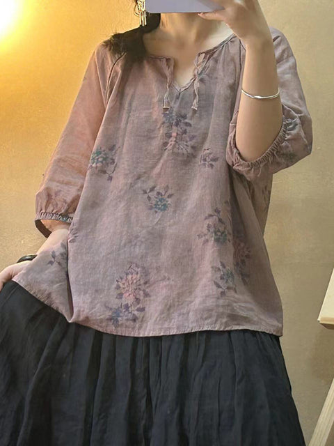 Camicia da donna vintage con fiori e scollo a V e coulisse in ramiè