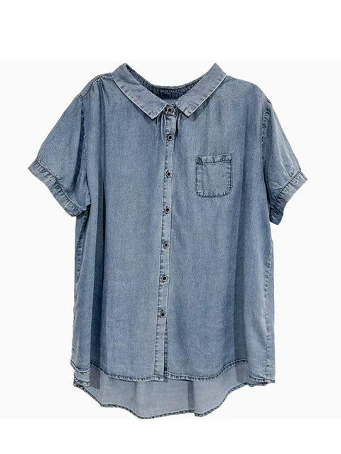 Camicia in denim con bottoni e tasca estiva da donna taglie forti