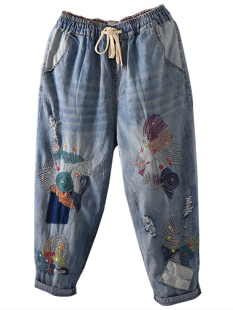 Pantaloni Harem in denim con tasche vintage con cuciture estive da donna