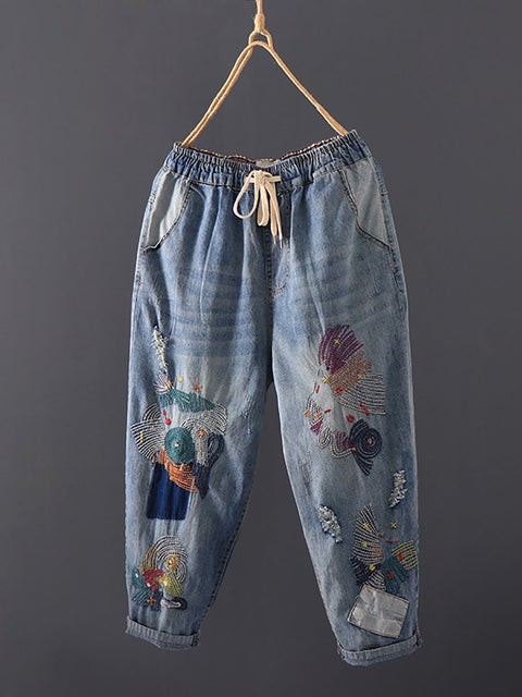 Women Summer Vintage Stitching Pocket Denim Harem Pants