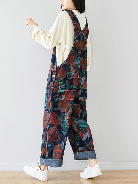 Women Summer Artsy Flower Print Pocket Loose Denim Jumpsuits