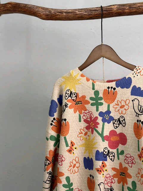 Camicia lavorata a maglia con stampa floreale autunnale da donna