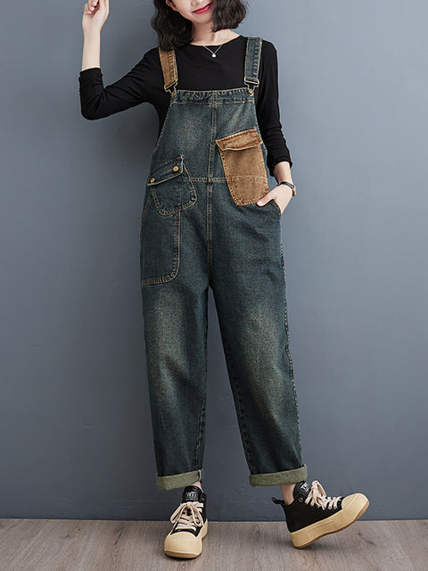 Tute larghe in denim colorblock vintage da donna