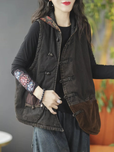 Women Autumn Retro Spliced Corduroy Hooded Vest Coat