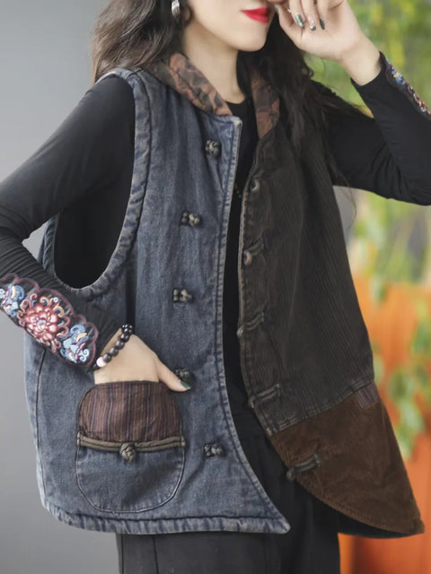 Women Autumn Retro Spliced Corduroy Hooded Vest Coat