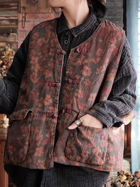 Cappotto gilet in lino con bottoni e tasca a forma di fiore retrò da donna