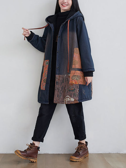 Cappotto imbottito con cappuccio in denim impiombato vintage da donna