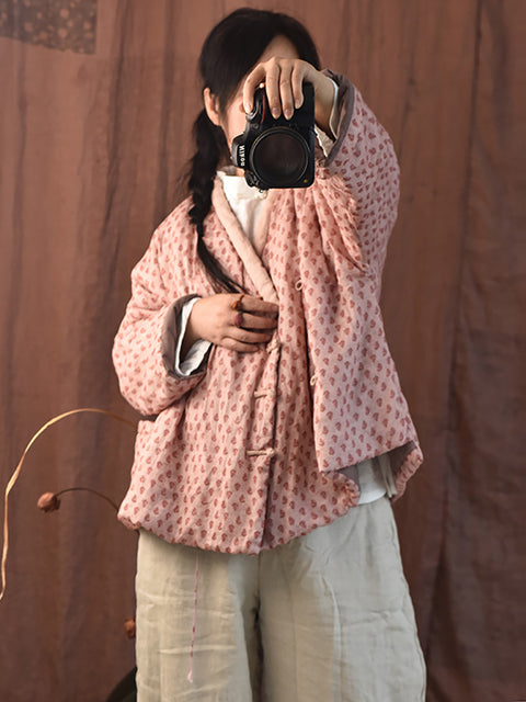 Cappotto imbottito rosa con fiori etnici carini da donna