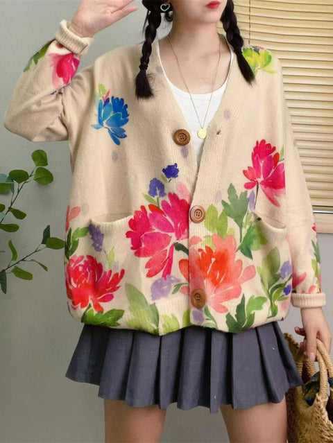 Women Spring Flower Knitted V-Neck Cardigan Sweater