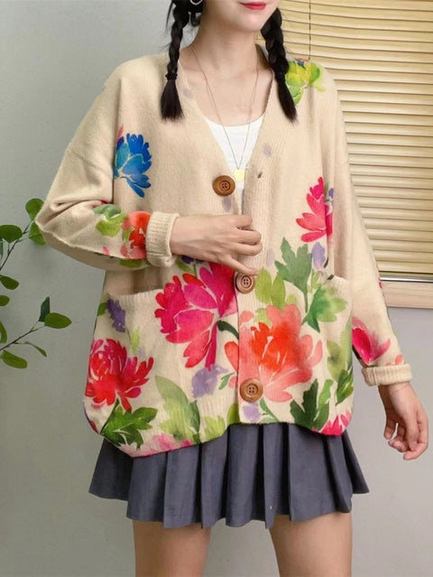 Women Spring Flower Knitted V-Neck Cardigan Sweater