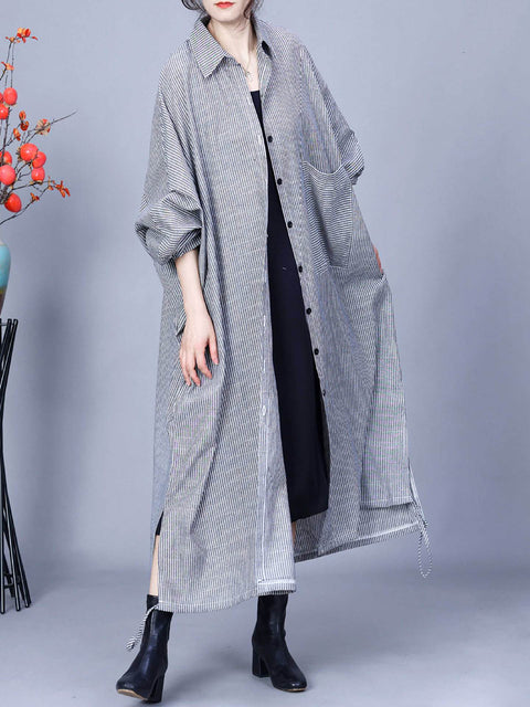 Cappotto lungo sciolto in lino di cotone a righe casual da donna