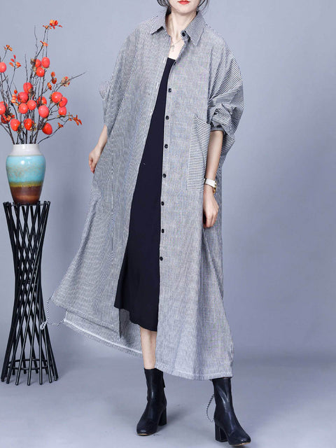 Cappotto lungo sciolto in lino di cotone a righe casual da donna