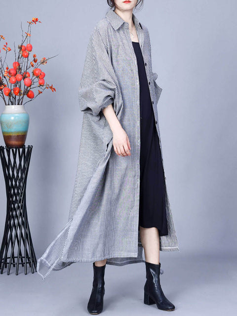 Cappotto lungo sciolto in lino di cotone a righe casual da donna