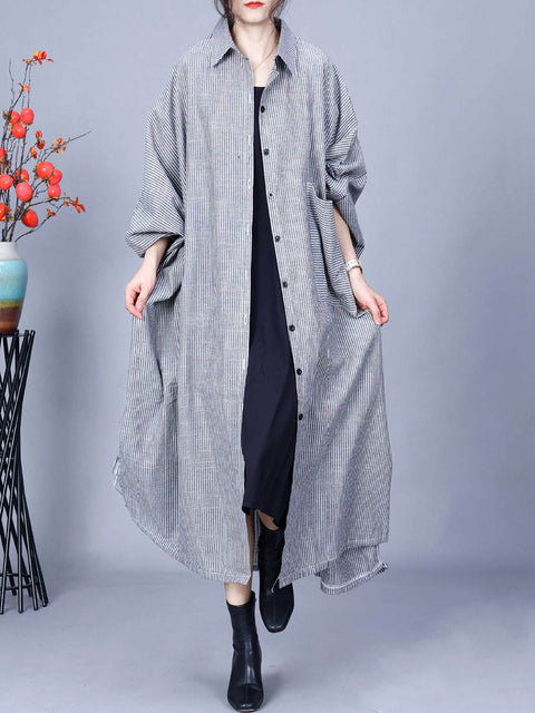 Cappotto lungo sciolto in lino di cotone a righe casual da donna