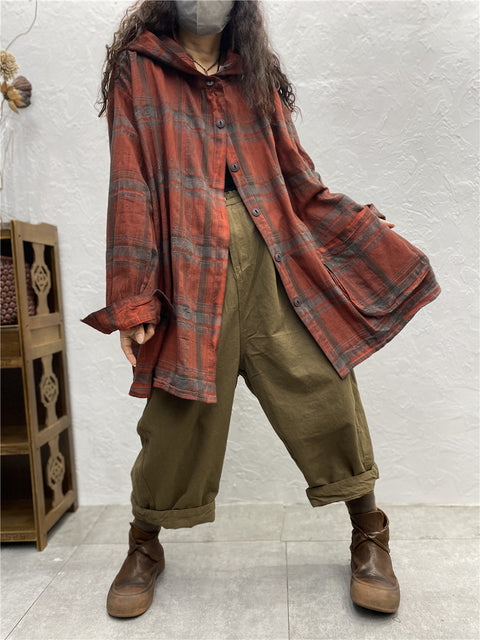 Plus Size Women Vintage Plaid Spring Hooded Shirt Coat